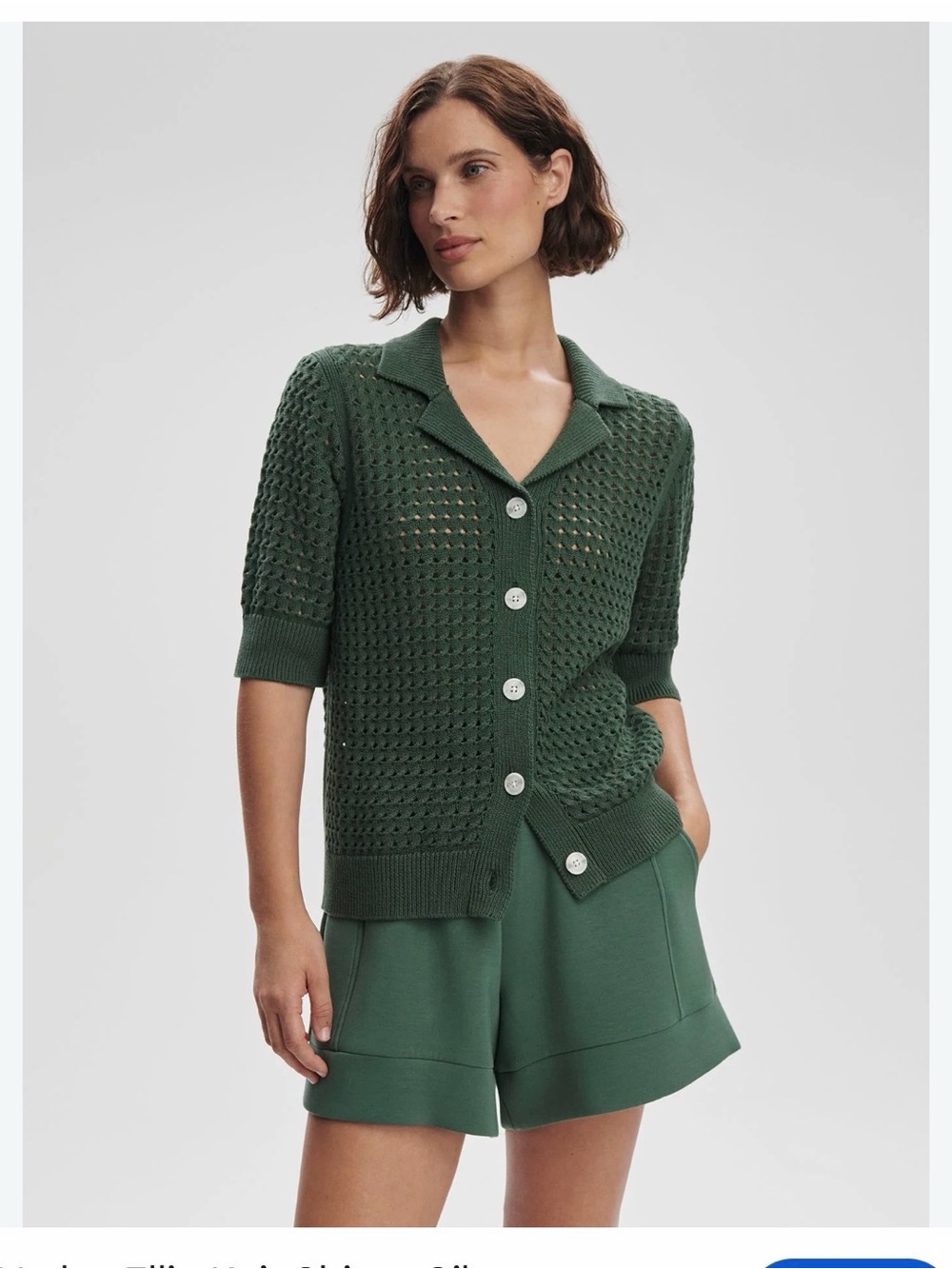 Open-Knit Short-Sleeve Cardigan Sweater in Forest Green